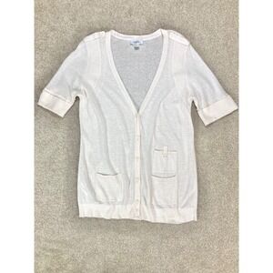Ann Taylor Loft Linen Preppy Cardigan Sweater Womens L Ivory Button Front Layer
